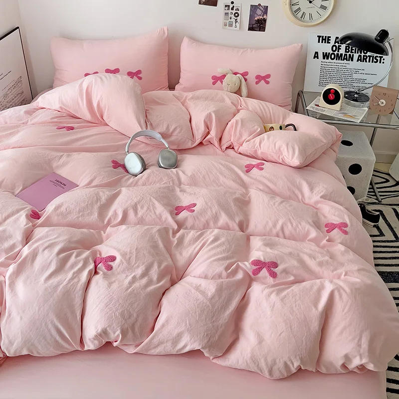Description Picture 3 of itemCute Pink Bows Duvet Cover Set, 3D Embroidery Bedding Sets Pink Bed Set, Comfy Queen Comforter Covers Soft for Girls Kids Teens
