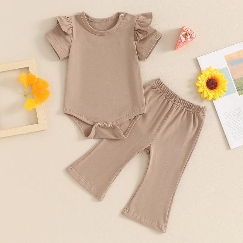 Description Picture 2 of itemBaby Girl Pants Outfit Solid Color Short Sleeve Romper with Flare Trousers 2Pcs Summer Clothes