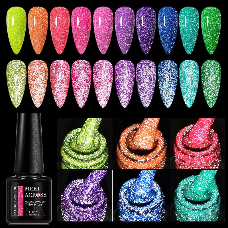 Description Picture 6 of itemMEET ACROSS 7ml Pink Fluorescent Reflective Gel Nail Polish Glitter Neon Semi Permanent UV LED Gel Nail Art Varnish Manicure