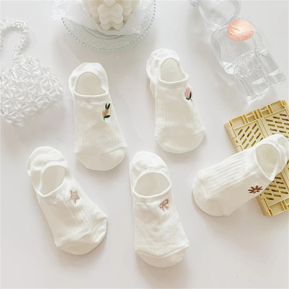 Description Picture 6 of itemNew Womens' Embroidered Bear Flower Strar Moon Squirrel White Cotton Fashion Summer No Show Invisible Socks Slippers Dropship