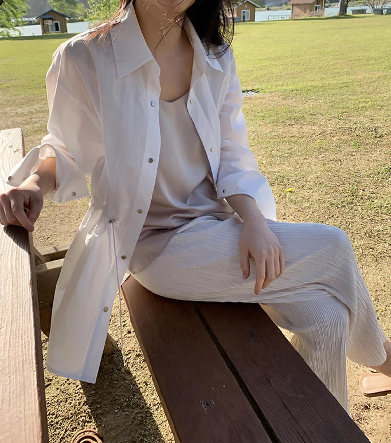 Description Picture 5 of itemAutumn White Women's Shirt Outwear 2024 New Spring Solid Korean Thin Lace Up Single Breasted Cardigan Jacket Pockets Female