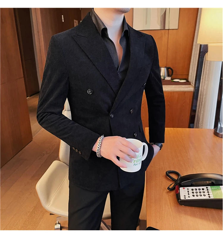 Description Picture 6 of itemHigh Quality Fashion Handsome Trend All-in-one Business Corduroy Suit Jacket Men's Double-breasted Suit Slim Striped Casual Suit