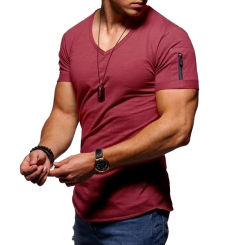 2024 Summer Men's Plus Size V-Neck Casual Tee Solid Color Pullover Short Sleeve T-Shirt