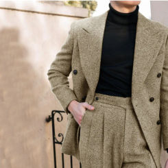 Elegant Herringbone Male Suit 2 Pieces Double Breasted Peaked Lapel Wedding Formal Slim Fit Blazer Costume Homme Tailored Made