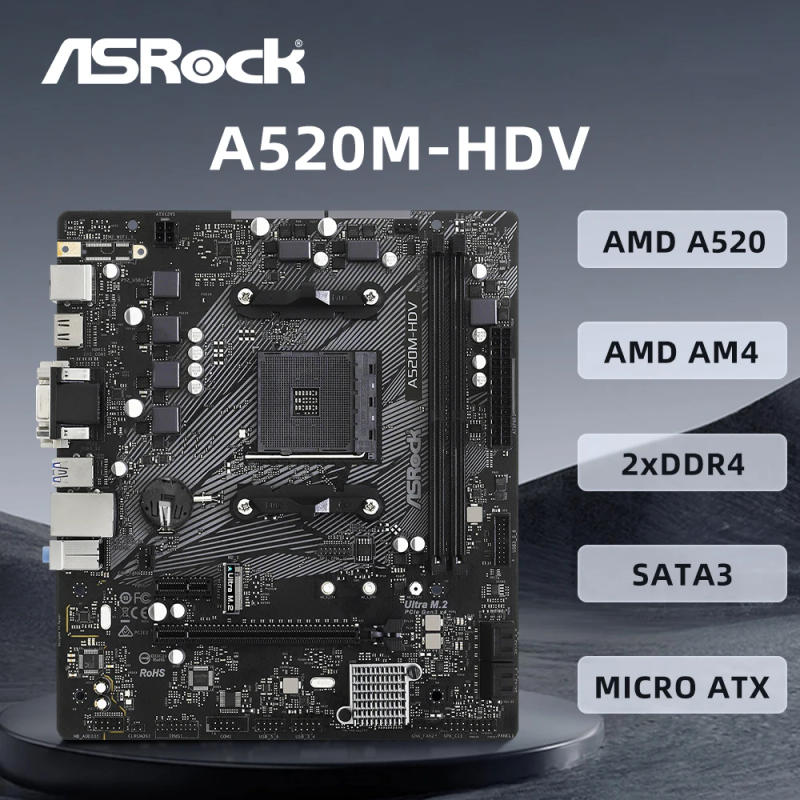 Description Picture 2 of itemASRock A520M-HDV Motherboard AMD B450 AMD Supports 5950X 5800X3D 5700X 5600X 5600G CPU 4xDDR4 Micro ATX AM4 Mainboard