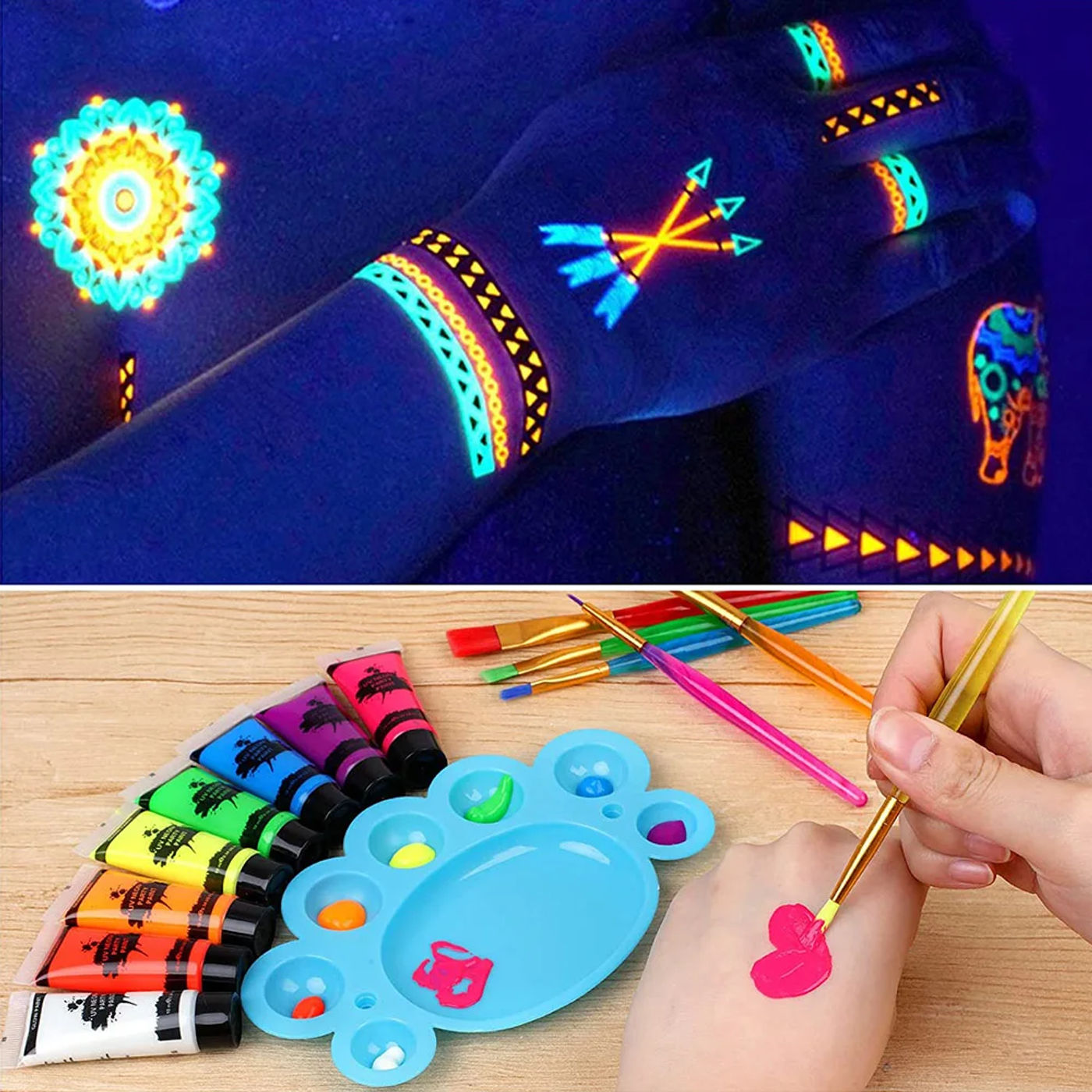 Description Picture 4 of itemUV Neon Face Body Paint Glow in the Dark Makeup Set Fluorescent Painting for Adults Kids Festivals Party Halloween Christmas