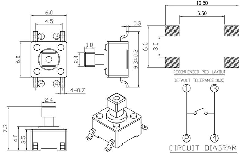 Description Picture 3 of item50PCS 6X6X7.3MM Black Plastic Square Head 4PIN DIP SMT Momentary Tact Button Tactical Switch Mini Push Button