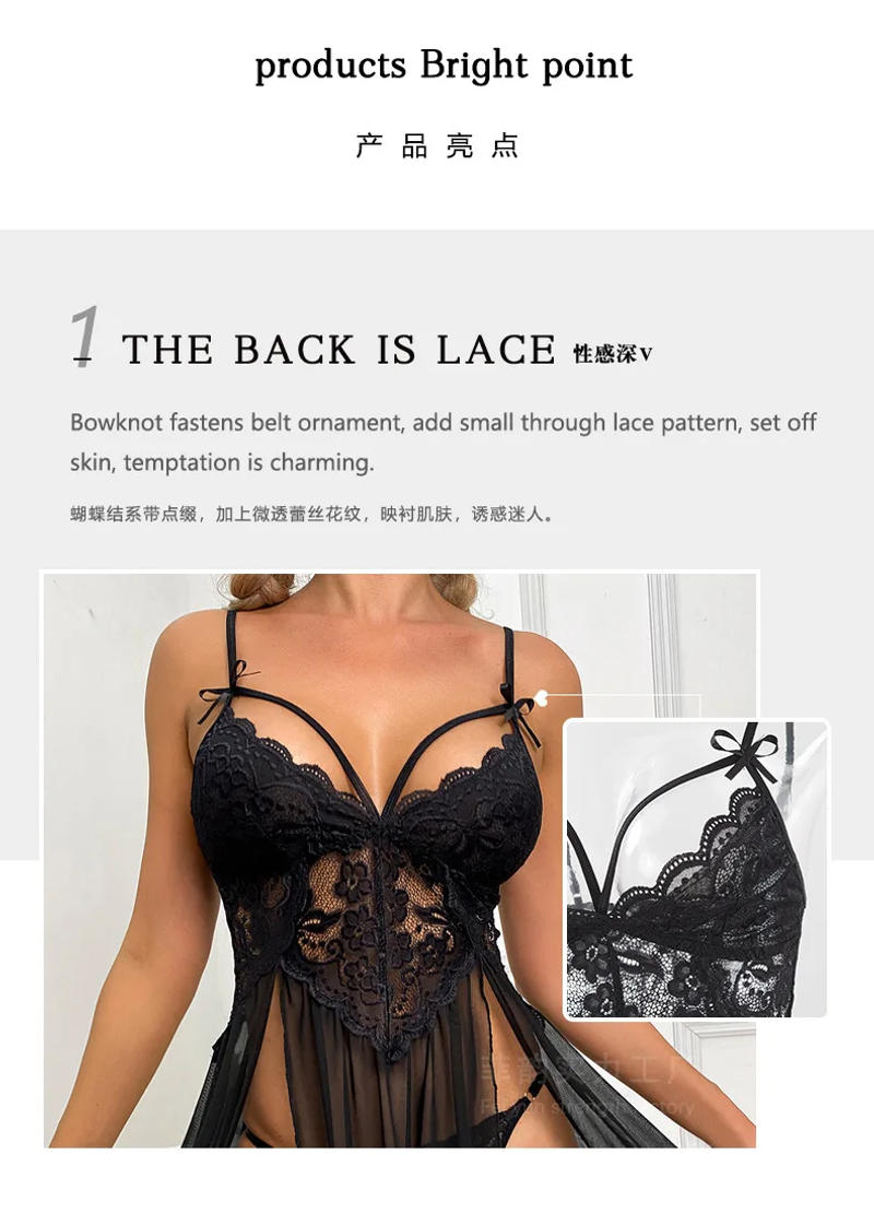 Description Picture 6 of itemSexy Nightdress Pure Desire Mesh Perspective Mini Tank V Neck Dress Hollowed Out Open Back Side Dress Elegant Sweet Tops Q7OY