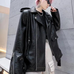 High Street Men Autumn Loose Fit Crocodile Pattern Glossy Faux Leather Jacket Oversized Moto Biker Coat Punk Stage Show Outwear