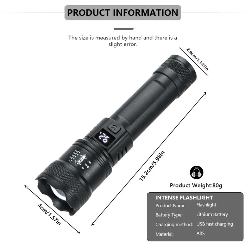Description Picture 4 of itemSuper Bright 9000LM Led Zoom Flashlights with Power Display Built-in Battery USB Rechargeable Camping Hunting Emergency Lantern