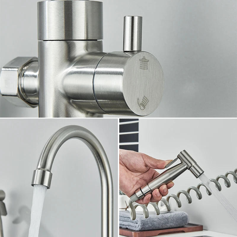 Description Picture 5 of itemBrushed Nickel 304 stainless steel Kitchen Sink Faucet With Spray Gun Bidet Sink Crane Tap Long Spout Mixer Taps Wall Mounted
