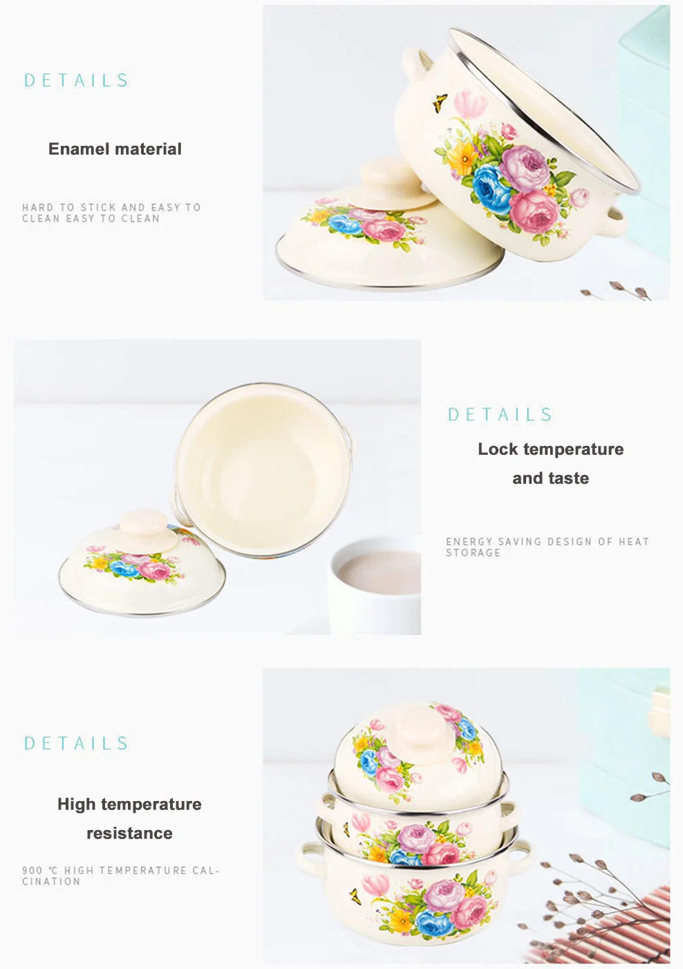 Description Picture 6 of item7 Inches Thicken Double Ears Stew Pot 1.5L Porcelain Enameled Soup Bowl With Lid Instant Noodle Bowl Induction Cooker Pot