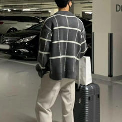 Men Vintage Knitwear Cardigan Plaid Pattern Cardigan Men's V-neck Plaid Print Knitwear Cardigan Vintage Luxury Patchwork Sweater