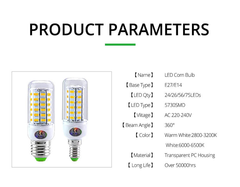 Description Picture 3 of itemE27 LED Lamp E14 LED SMD 5730 220V Corn Light Bulbs 24 36 56 72LEDs Lamparas LED Chandelie For Home Decoration Ampoule Led Light