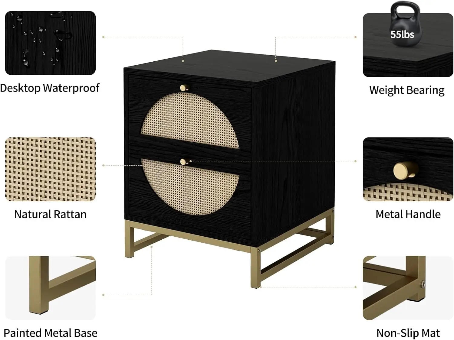 Description Picture 6 of itemRattan Nightstand with 2 Drawers,Wooden End Table Rattan Weaving Bedside Table Accent,Rustic Side Table Night Stand with Storage