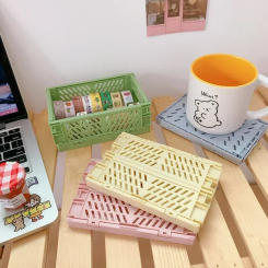 Mini Folding Plastic Storage Box Collapsible Storage Container Desktop Cosmetic Storage Basket Home Office Organizer Box