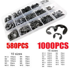 580/1000pcs Washer M1.2 to M15 Black Carbon Steel External Retaining Ring E Clip Snap Circlip for Shaft Assortment Kit
