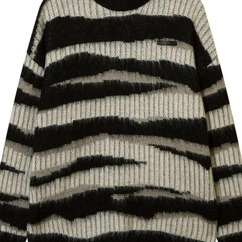 Description Picture 2 of itemUnisex Striped Sweater Top Round Neck Long Sleeve Winter Thick Warm Couple Oversize Pullover Top Sweater