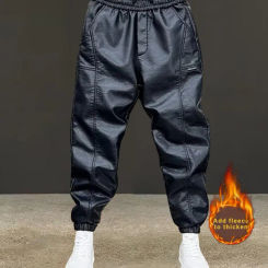 Velvet Pants Men's Windproof Waterproof Faux Leather Pants with Elastic Waist Ankle-banded Patchwork for Cycling for Outdoor