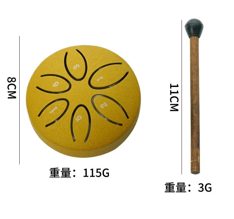 Description Picture 5 of item3 Inches 6 Tones Steel Tongue Drum Outdoors Rain Drums Instrument Mini Hand Drum Ethereal Drums Sticks Percussion Accessories