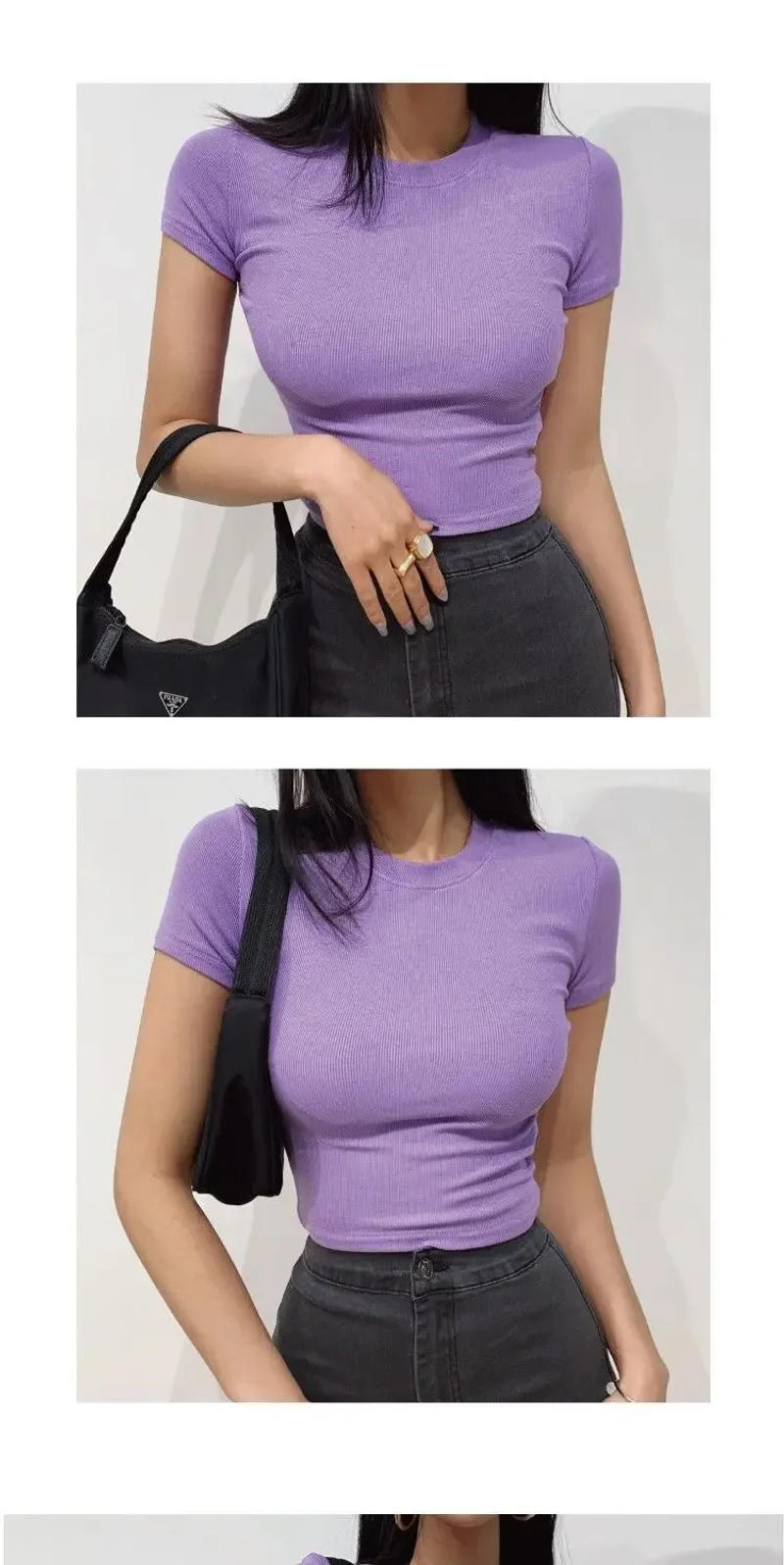 Description Picture 4 of itemSummer New Cropped Short Sleeve T-Shirt Basic Style Small Round Neck Solid Color Base Layer Top Slims Your Silhouette Elastic St
