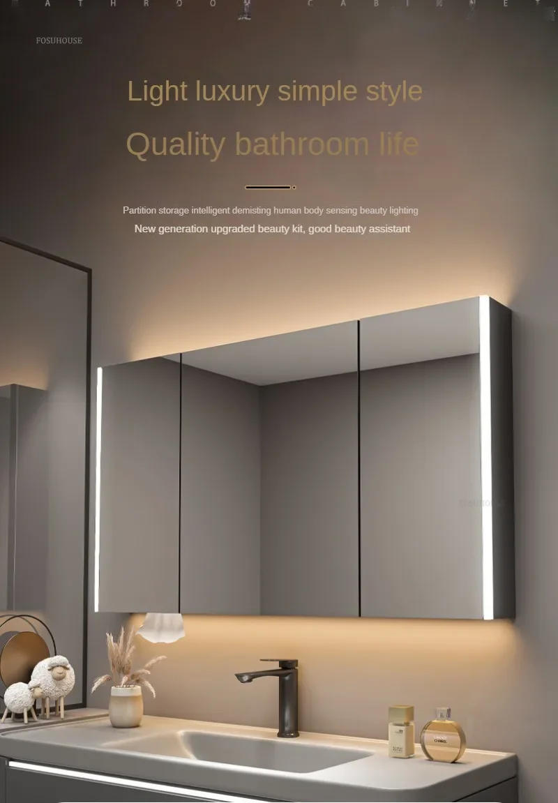 Description Picture 6 of itemModern Solid Wood Bathroom Smart Mirror Cabinet with Light Defogging Bathroom Furniture Beauty Mirror with Storage Locker s