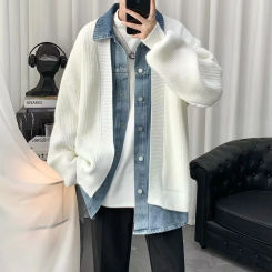 2023 Autumn Winter Knitted Top Men's Cardigan Jacket Korean Style Trendy Idle Styled Denim Spliced Sweater Pullovers