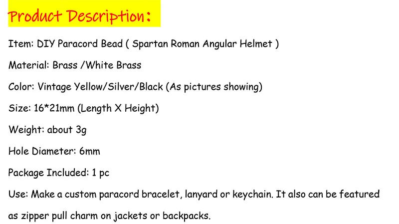 Description Picture 2 of itemSpartan Roman Angular Helmet Brass Knife Bead EDC DIY Paracord Lanyard Pendant Jewelry Bracelets Charms Outdoor Tool Accessories