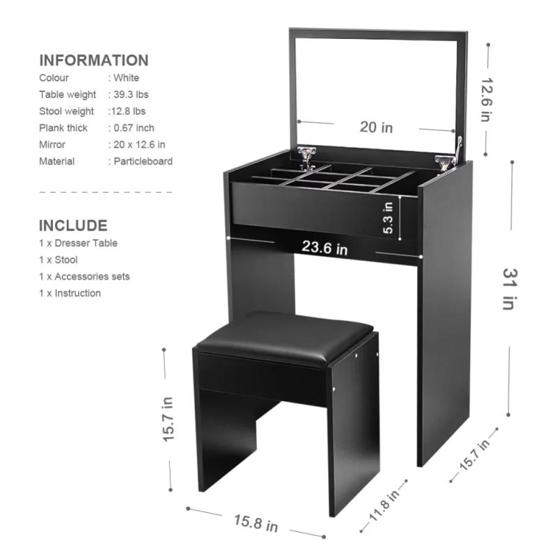 Description Picture 5 of itemBlack Vanity Table Set for Bedroom, Makeup Dressing Table with Mirror and Stoolwith Makeup Mirrors Dressers Cabinets