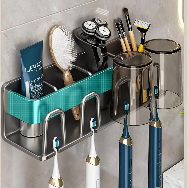 Description Picture 4 of item2 Cups Toothbrush Holder Wall Mounted With Toothpaste Dispenser Bathroom Accessories Set, Black Tooth Brushing Holder Bathroom