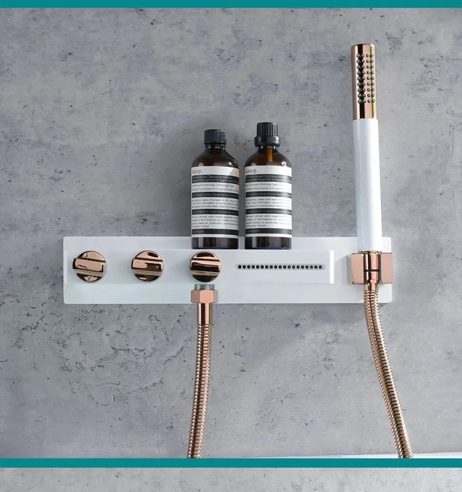 Description Picture 4 of itemBathtub Faucet Set Bathroom Wall Mounted White Rose Gold Solid Brass Big Plate Bathtub Waterfall Shower Set Newly