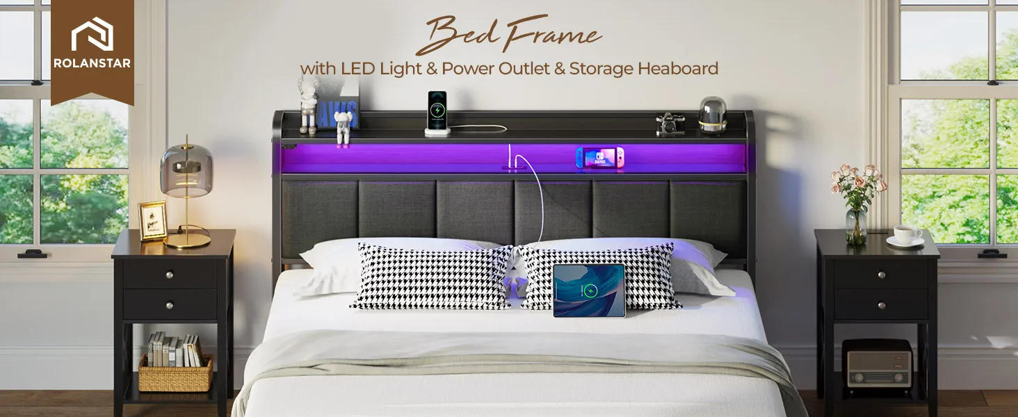 Description Picture 2 of itemBed Frame Twin Size with Charging Station and LED Lights, Upholstered Headboard with Storage Shelves, Heavy Duty Metal