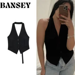 2025 Women's Fashion Off Shoulder Sleeveless Cropped Vest Backless Design V Neck Short Summer Waistcoat Daily Outfits