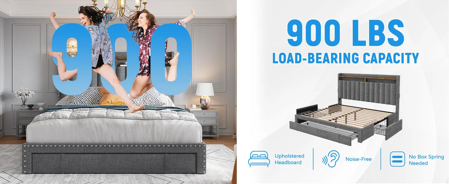 Description Picture 5 of itemBed Frame with 3 Storage Drawers,Queen Size Bed Frame with Headboard, Upholstered Platform Bed Frame Queen Size with Storage