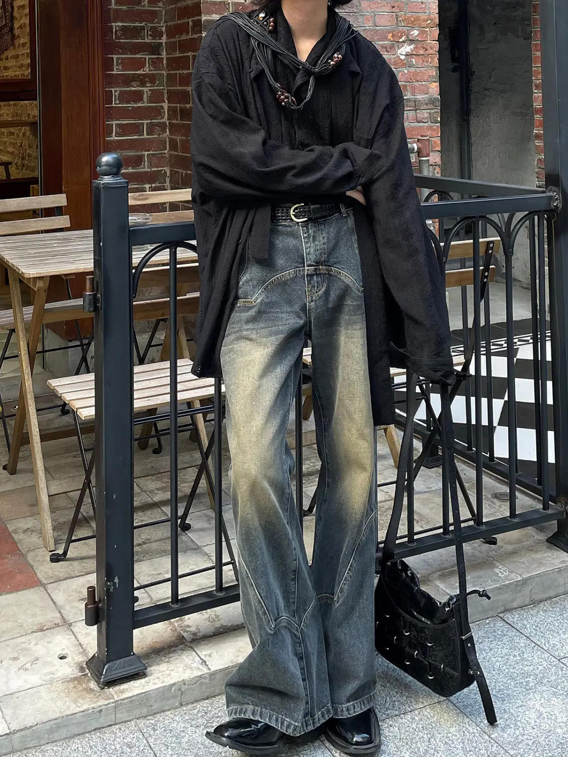 Description Picture 2 of itemAmerican Street Men and Women Trendy Retro Straight Leg Wide Leg Casual Pants Autumn Micro Flare Ragged Edge Washed Jeans y2k