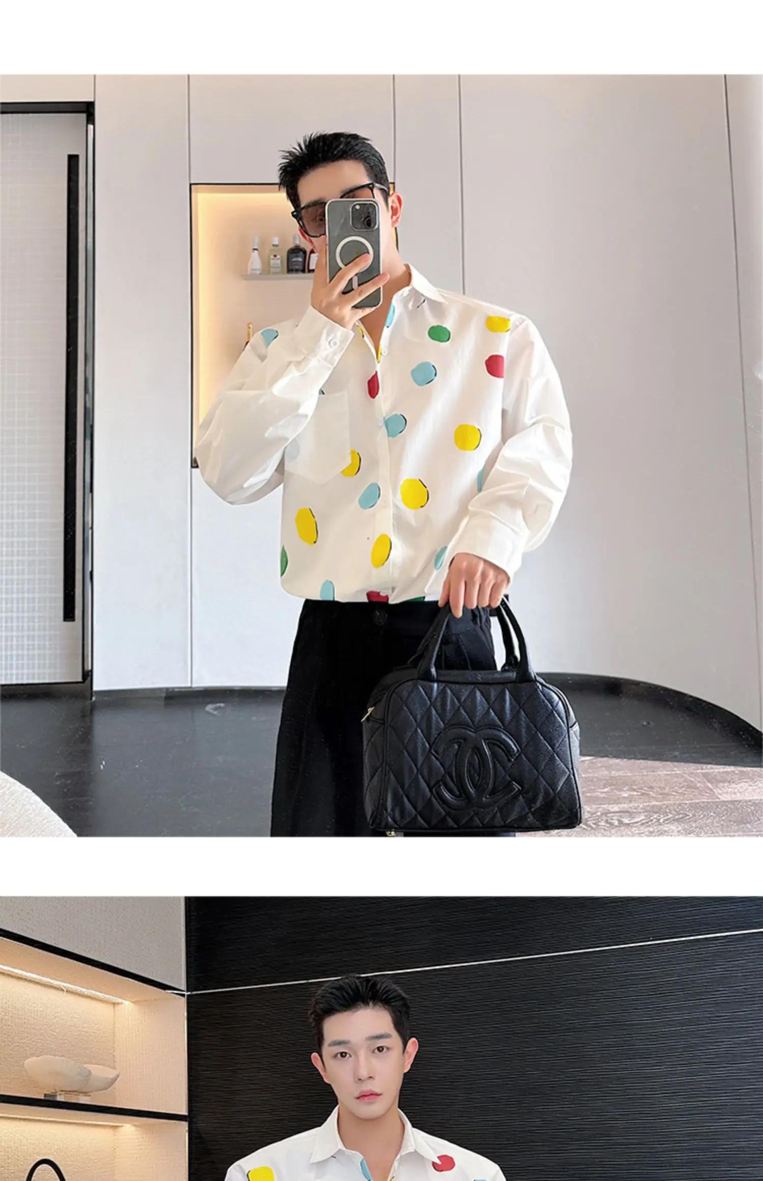 Description Picture 2 of itemCasual Shirts Men Multicolour Dots Korean Streetwear Fashion Loose Long Sleeve Party Dress Shirts Blouses Man Clothes