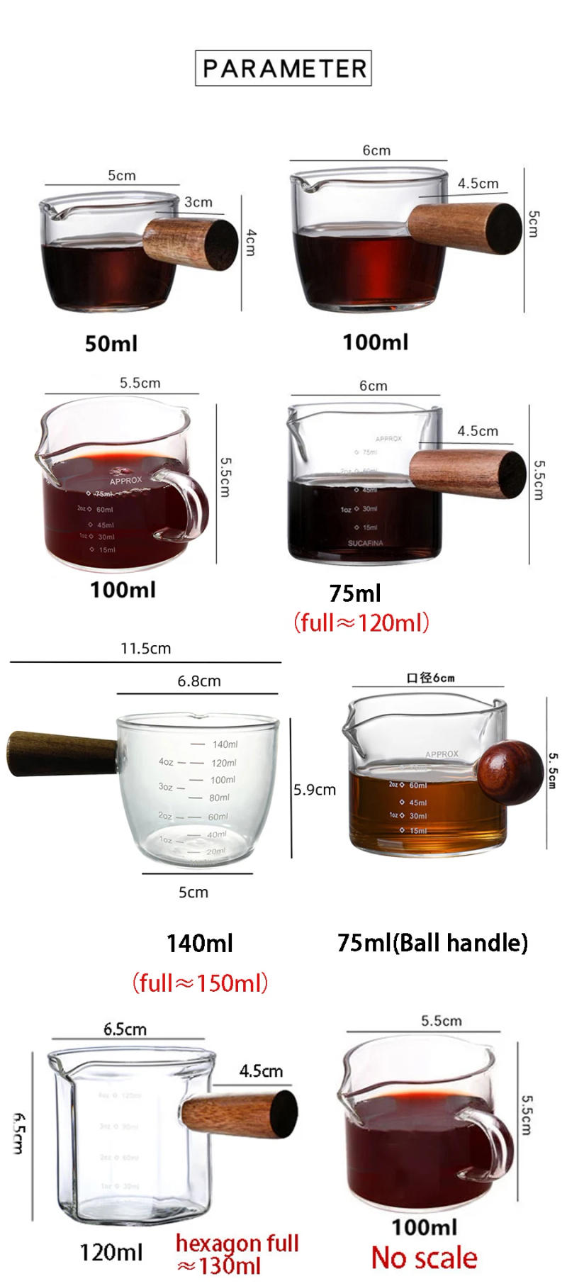 Description Picture 2 of itemYWDL 50/75/100/140ml Wood Handle Glass Espresso Measuring Cup Single Mouth Milk Jug Coffee Supplies Clear Kitchen Measure Mug