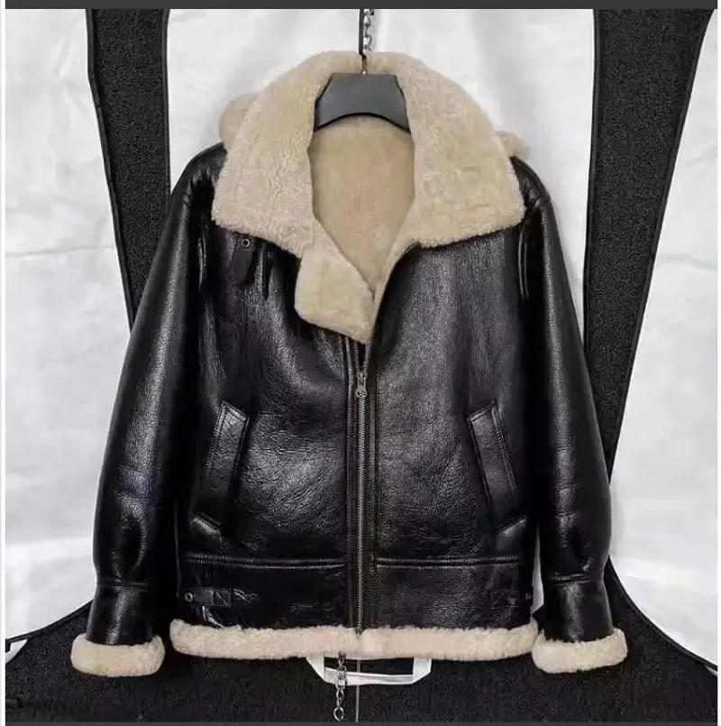 Description Picture 5 of itemFree shipping.Men 100% real fur jacket with hat.quality winter warm genuine leather coat.sheepskin wool.Black shearling cloth