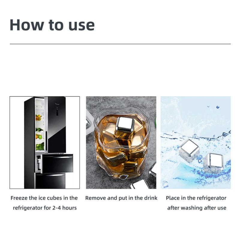 Description Picture 3 of item1/2/4/6 Pc Stainless Steel Ice Cube Set Reusable Chilling Stones for Whiskey Wine Wine Cooling Cube Chilling Rock Party Bar Tool