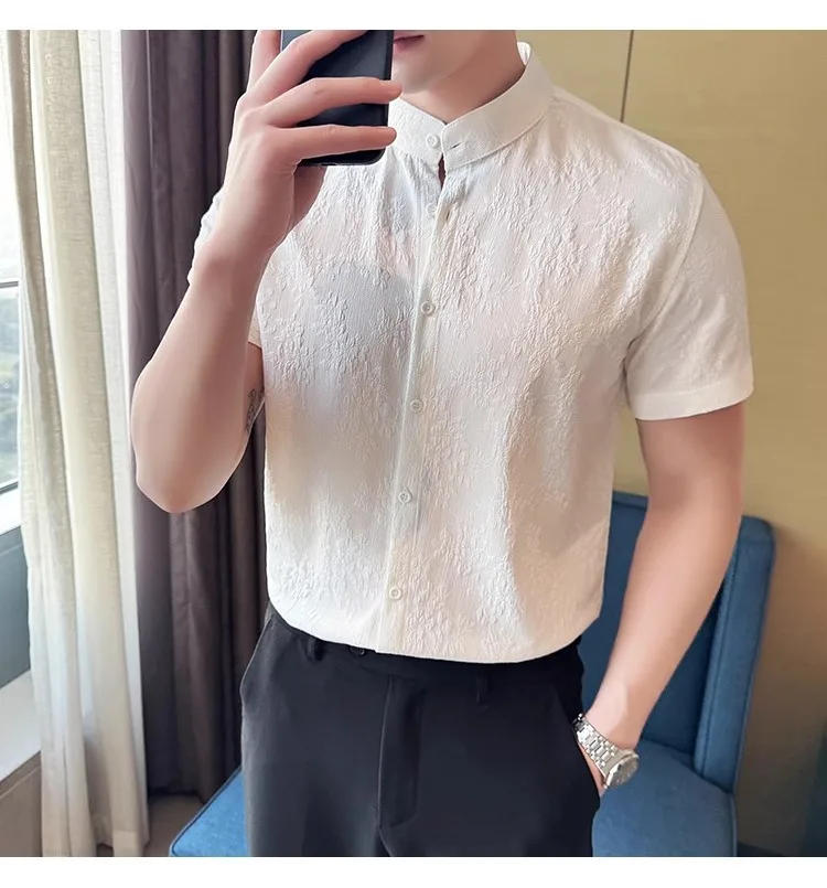 Description Picture 4 of item2024 Summer Short Sleeve Shirts Men's Slim Fit Casual Shirt Men Clothing Standing Collar Business Social Tuxedo Men Clothing