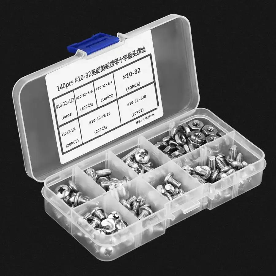 Description Picture 4 of item140pcs/set #10-32 304 Stainless Steel Head Phillips Cross PH Pan Head Screws Kit Assortment Set Hex Slip Lock Self-Locking Nut