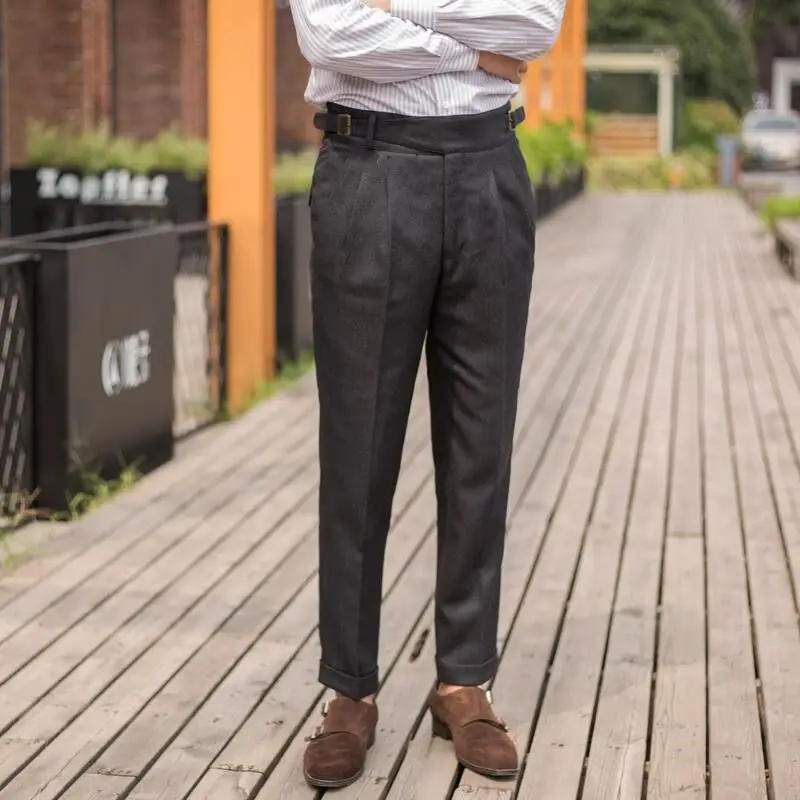 Description Picture 5 of item2024 Autumn Winter Men New High Waist Belt Design Casual Pant Male Loose Suit Trousers Mens Solid Color Straight Pants F339