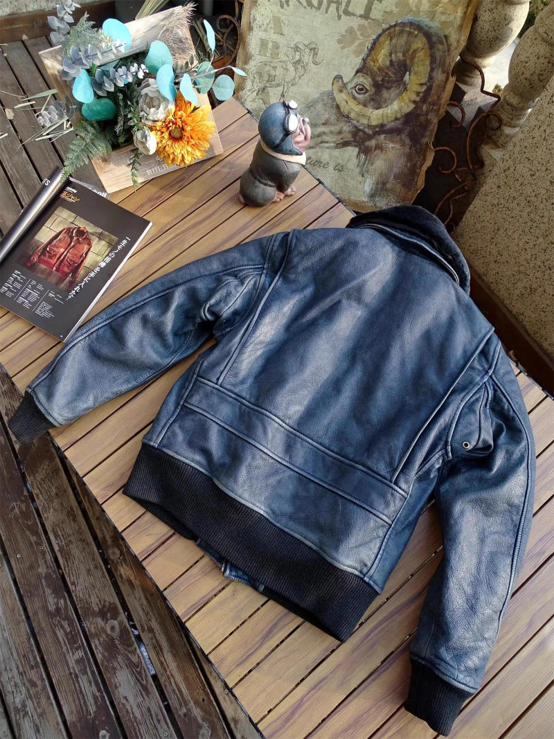 Description Picture 4 of itemFree shipping.5XL Vintage indigo leather jacket.natural real soft cowhide coat.Classic Air Force G1 leather cloth.quality wear