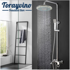 Torayvino 8 Inch Rain Shower Faucet Set Chrome Bathroom Bathtub Wall Mount Three Water Outlets Hot And Cold Mixer Water Tap