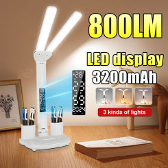 NEW Rechargeable LED Clock Dimmable Desk Lamp 2 Heads 180° Rotation Foldable Study Desktop Reading Table Lamp Bedroom Room Lamps