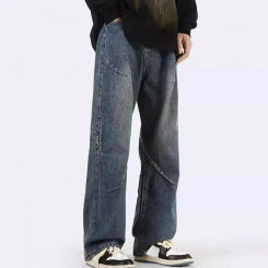 Men Straight Leg Jeans Hop Style Denim Pants for Men Straight Wide Leg Draped Design Mid-rise with Pockets Trousers
