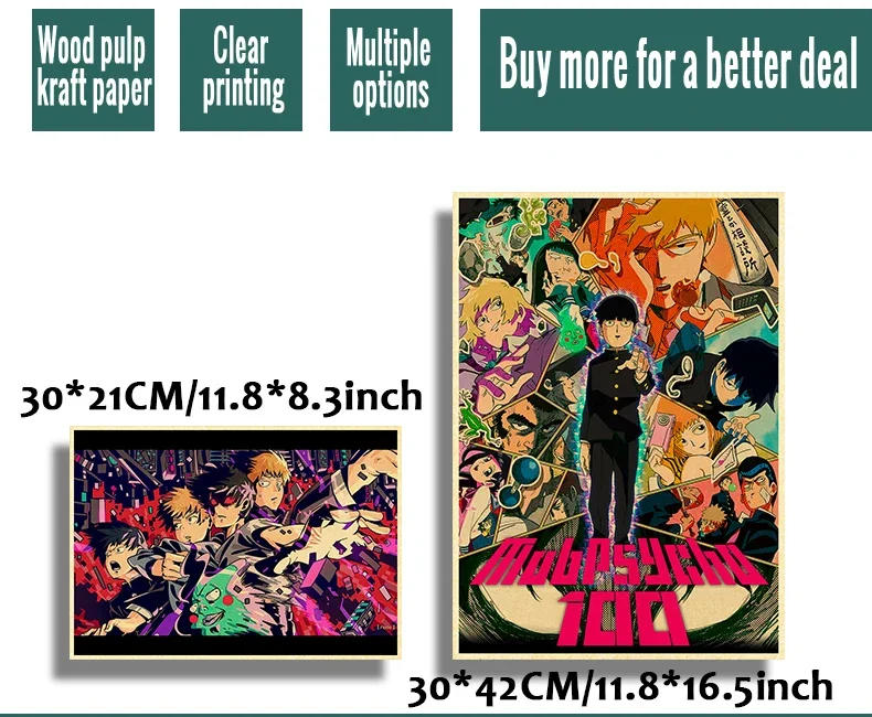 Description Picture 2 of itemJapan Anime Posters Mob Psycho 100 Poster Wall Vintage Kraft Paper Home Living Room Wall Stickers Art Painting No Frame