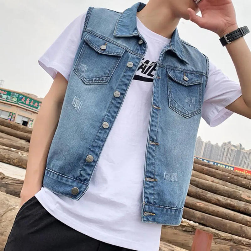 Description Picture 6 of itemSleeveless Denim Vest Men's Sleeveless Denim Jacket with Ripped Holes Pockets Single Breasted Waistcoat for Casual Wear Loose
