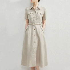 Female 2024 Summer New Art Commuter Professional Cotton Linen Shirt Dress Vestidos