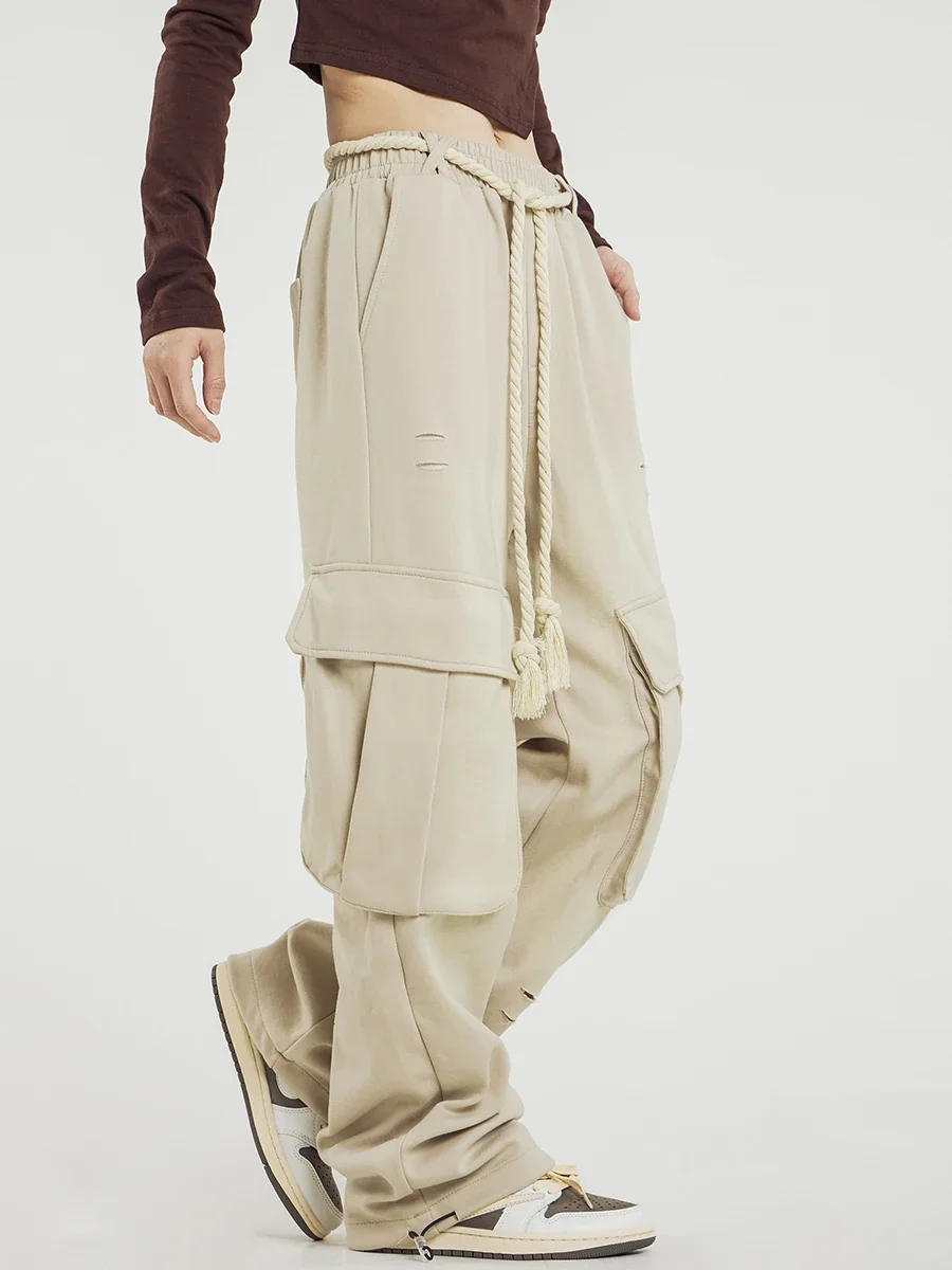 Description Picture 5 of itemAmerican-Style Drawstring Wide-Leg Trousers Washed Side Pocket Overalls Men's and Women's Casual Straight Pants Trendy Fashion